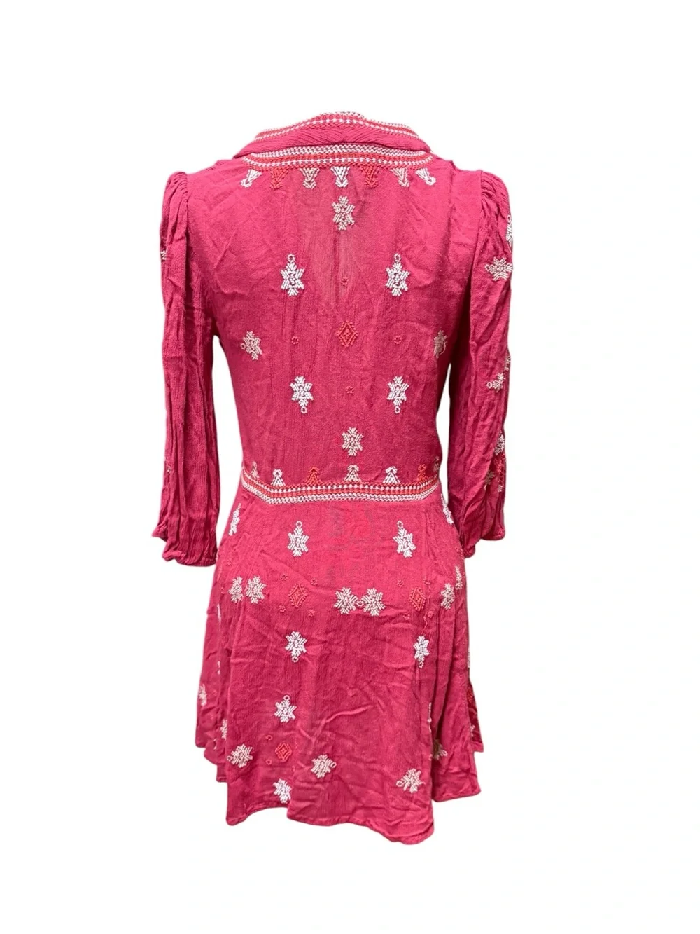 Free People Rose Pink Embroidered Tie Waist Boho Tunic Dress Small